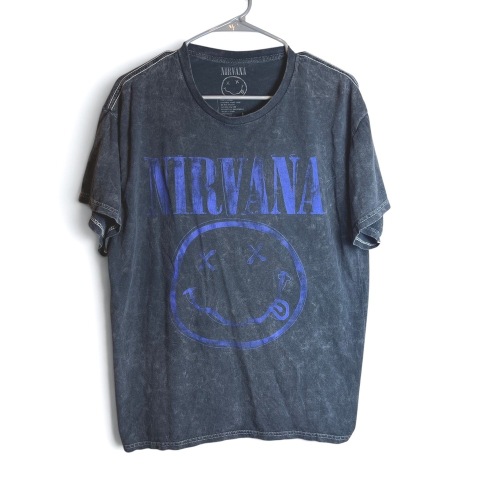 Nirvana Smiley Face Band Tee Acid Wash Black Graphic Shirt Size Large